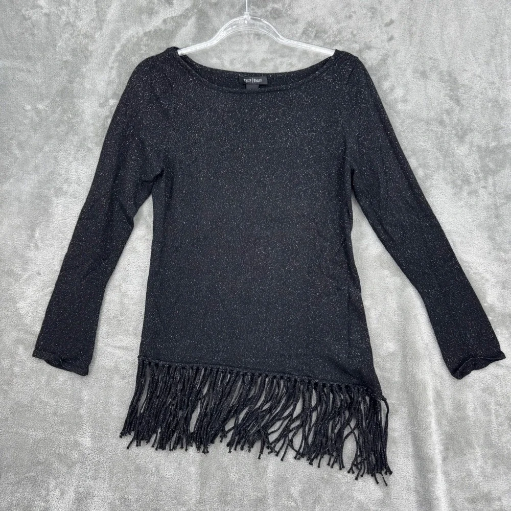 White House Black Market Sweater Womens Medium Metallic Fringe Hem Pullover Knit